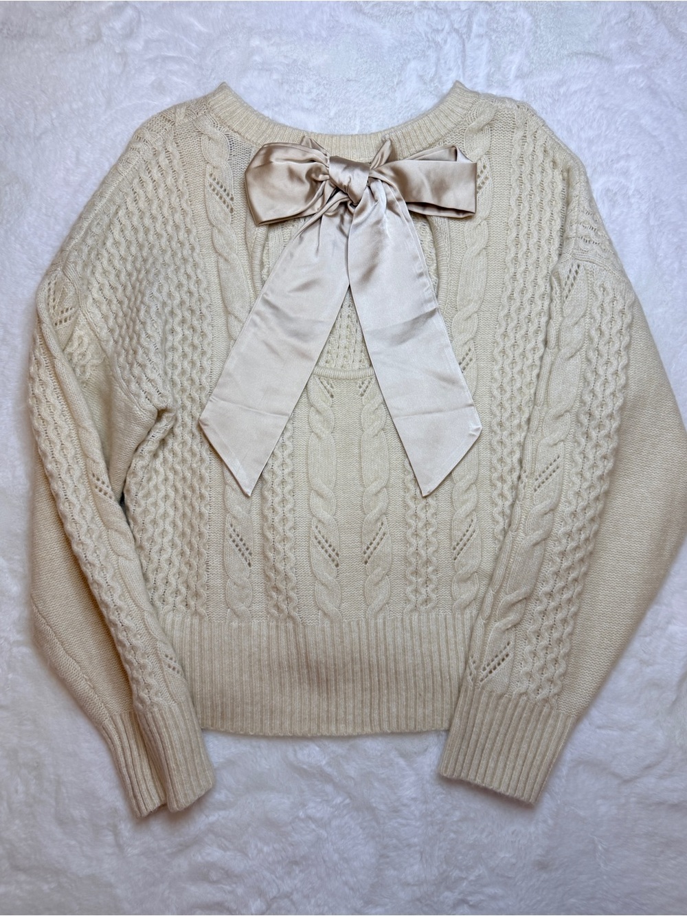 Express Cream Cable Knit Sweater with Satin Neck Bow